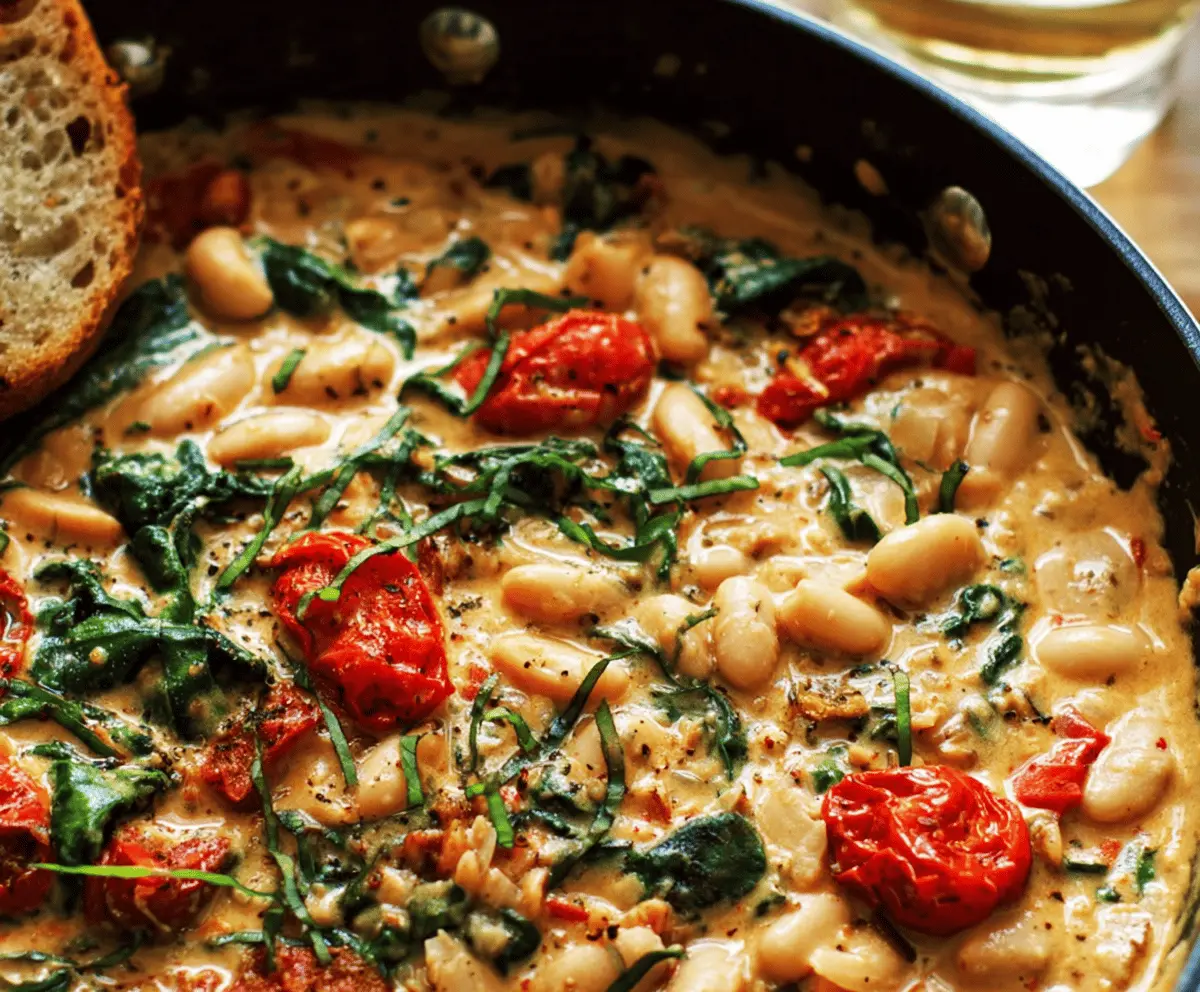 Creamy Tuscan White Bean Skillet with spinach, sun-dried tomatoes, and garlic in a skillet, showcasing a delicious vegetarian dish