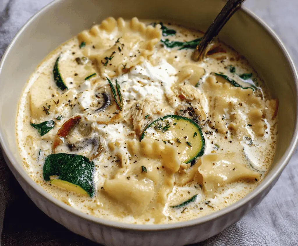 Creamy white lasagna soup with fresh vegetables in a bowl, topped with cheese and herbs, perfect for a comforting meal.