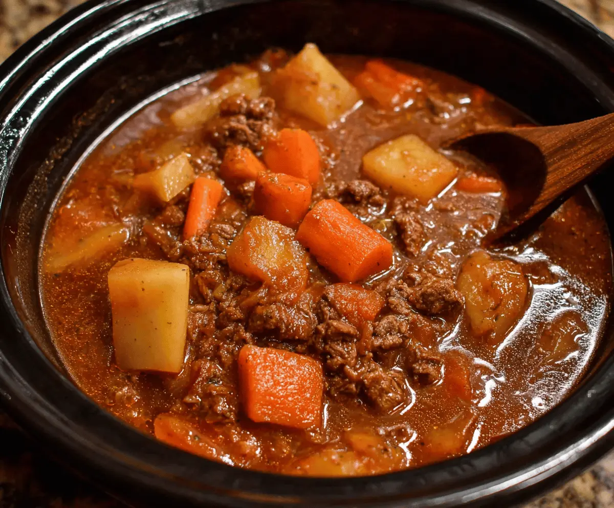 Delicious Crock Pot Poor Man's Stew with beef, vegetables, and hearty broth in a slow cooker