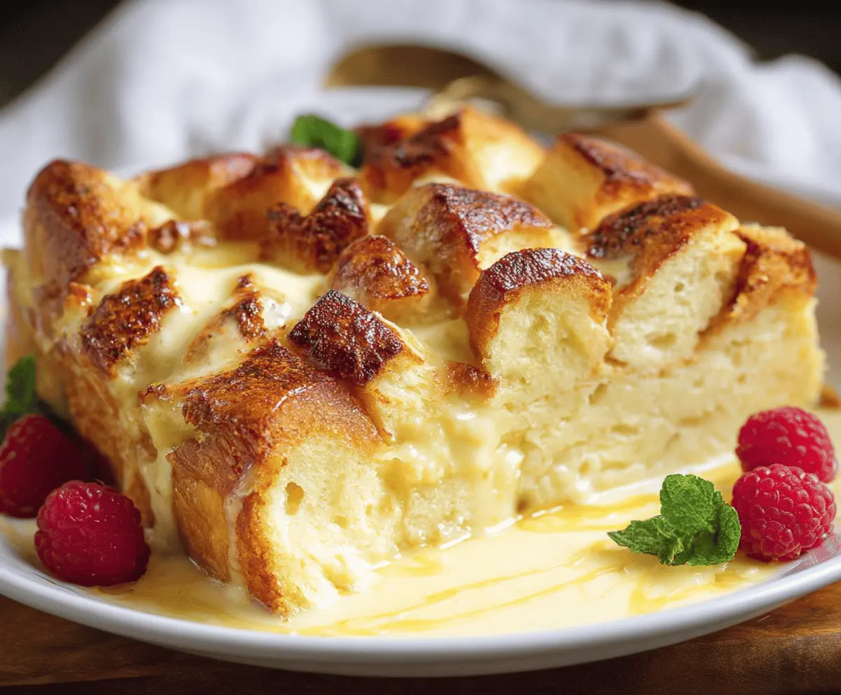 Delicious custard bread pudding topped with caramel sauce and fresh berries, served in a rustic bowl