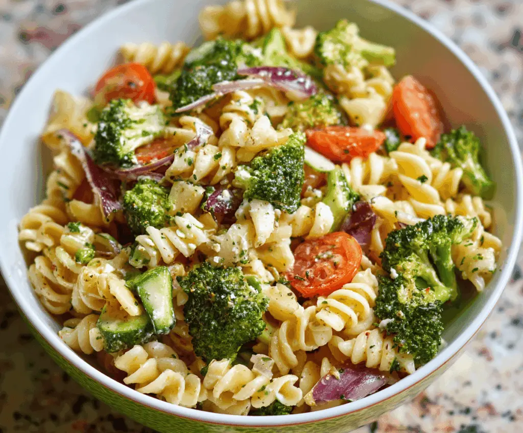 Creamy broccoli pasta salad with fresh vegetables and colorful ingredients, perfect for a quick and easy summer dish