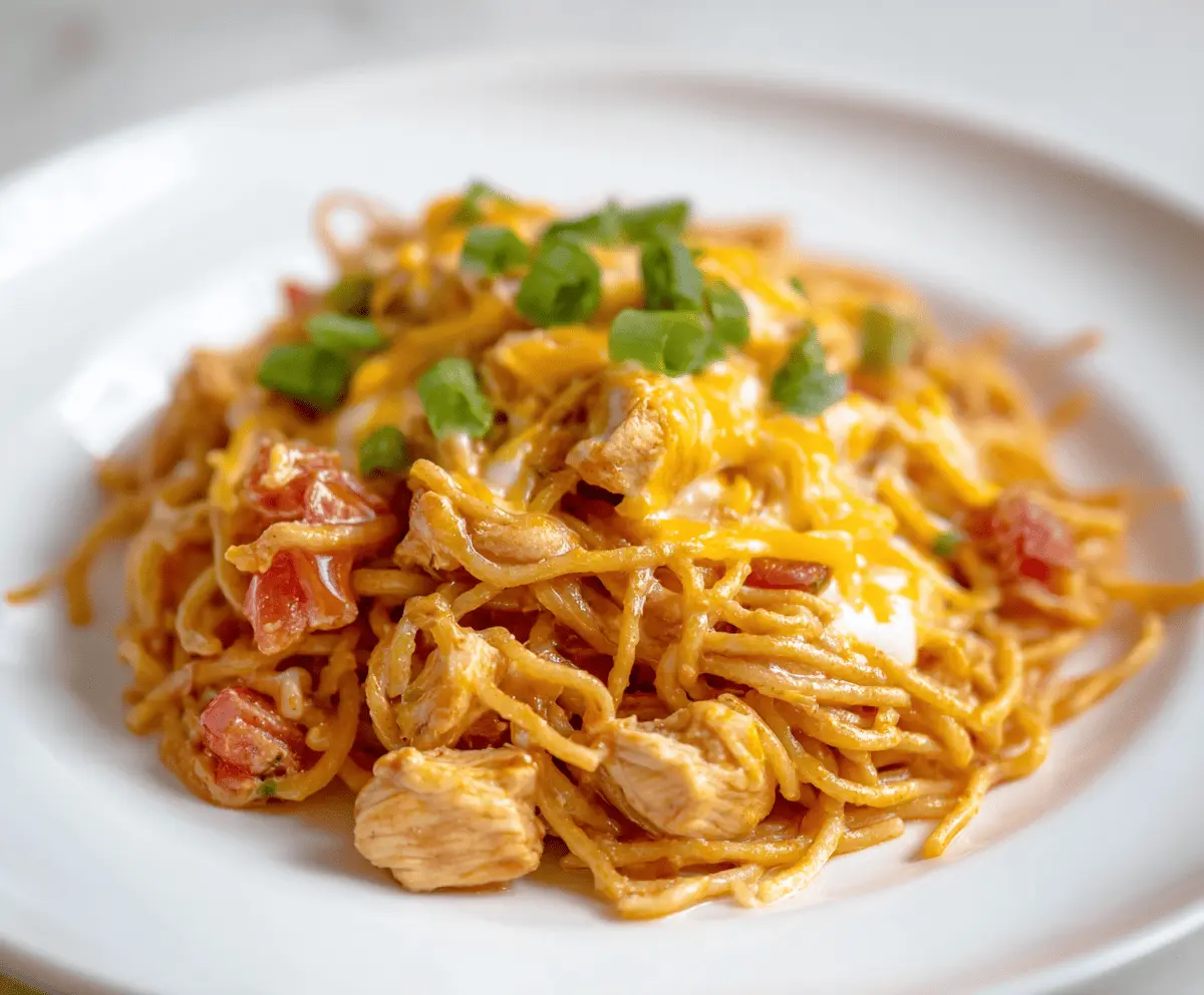 Creamy Mexican Chicken Spaghetti served on a plate with fresh herbs and melted cheese.