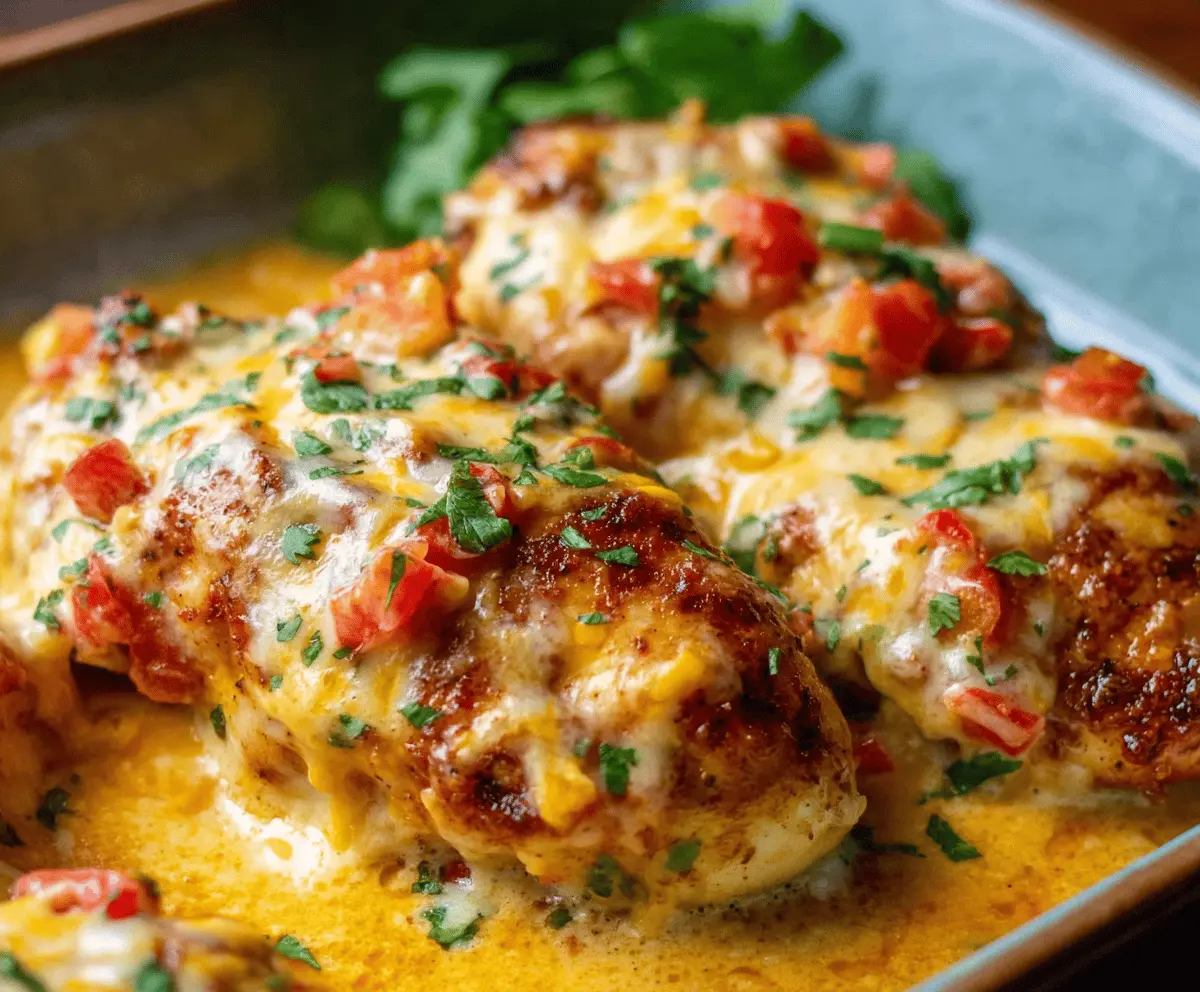 Creamy baked queso chicken topped with melted cheese and fresh herbs, served on a plate with sides for a flavorful meal