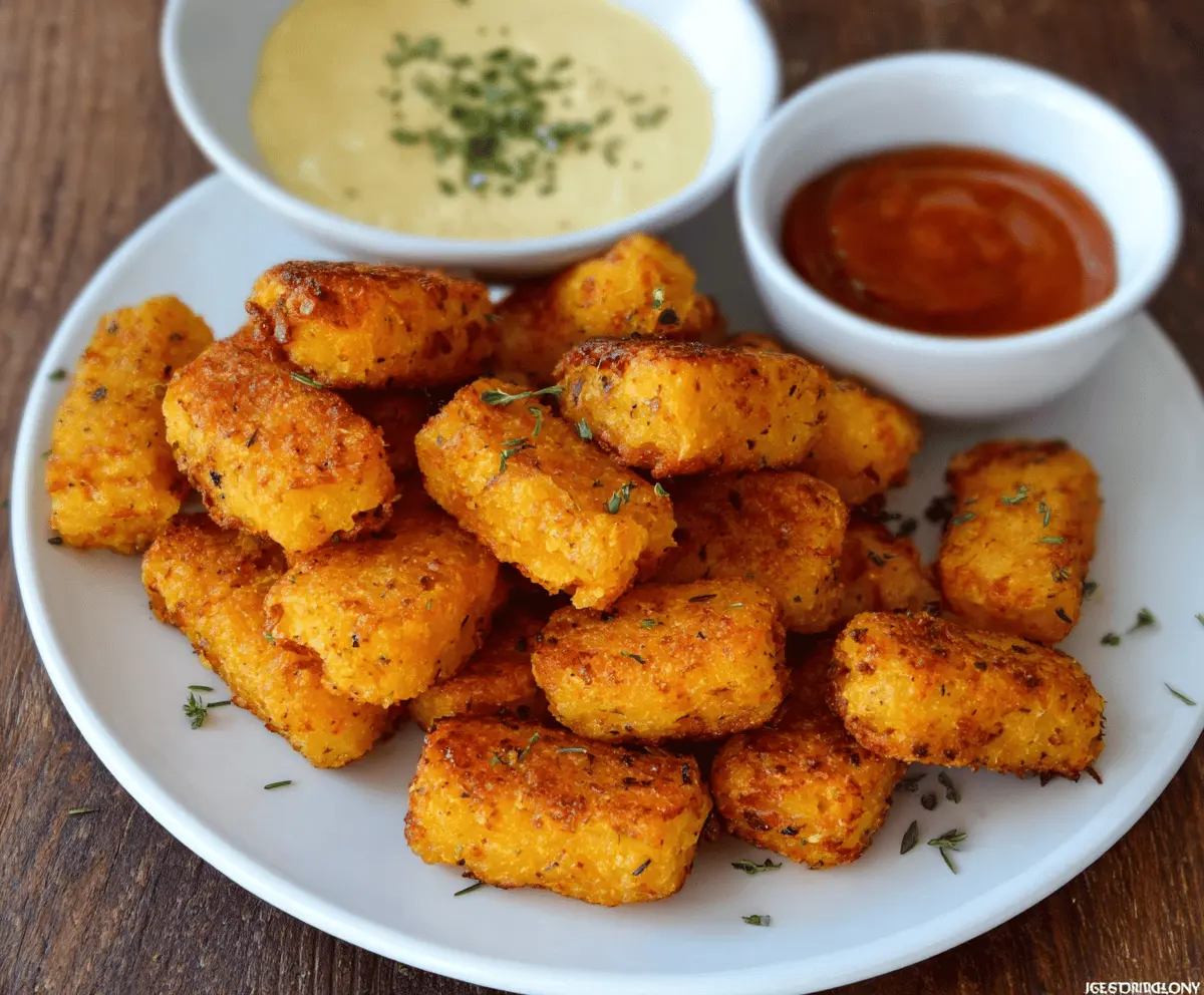 Baked healthy butternut squash tots served on a white plate, perfect for a nutritious snack or side dish.