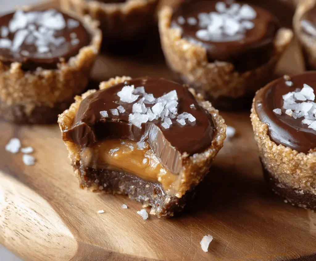 Delicious vegan and paleo-friendly Healthy Twix Cups with layered caramel, chocolate, and crunchy cookie base on a white plate