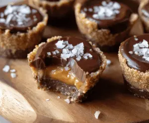Delicious vegan and paleo-friendly Healthy Twix Cups with layered caramel, chocolate, and crunchy cookie base on a white plate