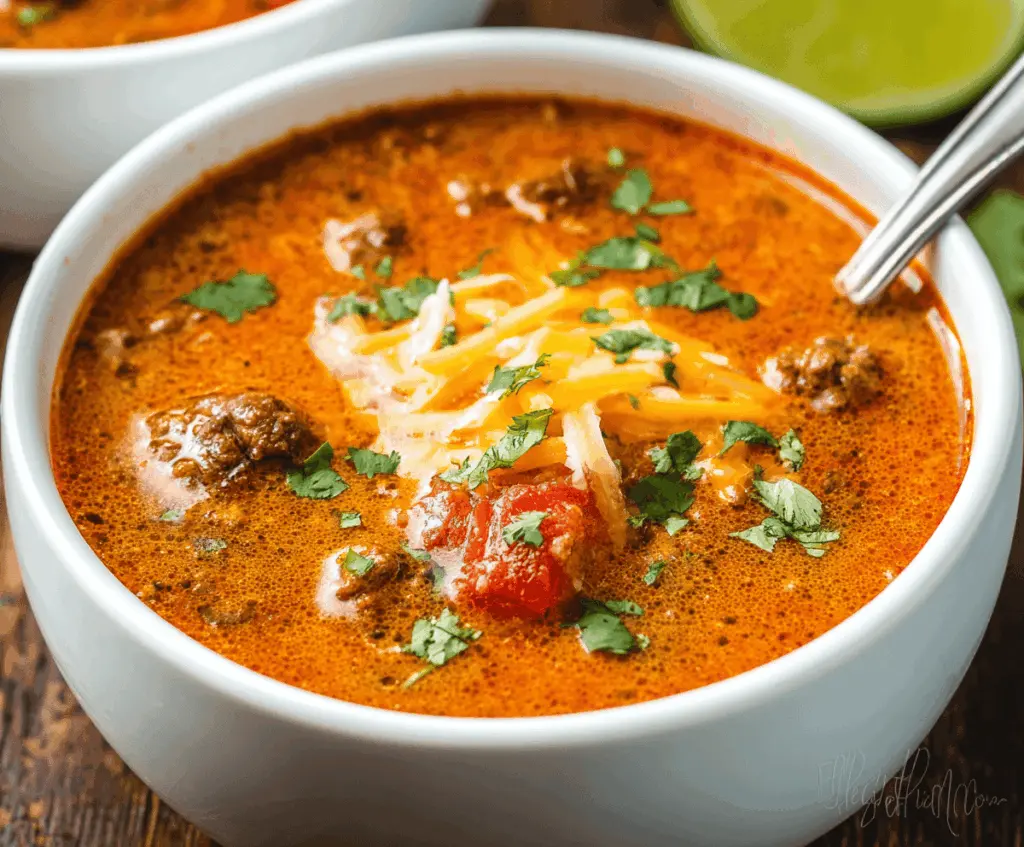 Delicious bowl of keto taco soup garnished with fresh cilantro and shredded cheese, featuring ground beef, tomatoes, and spices in a savory low-carb broth.