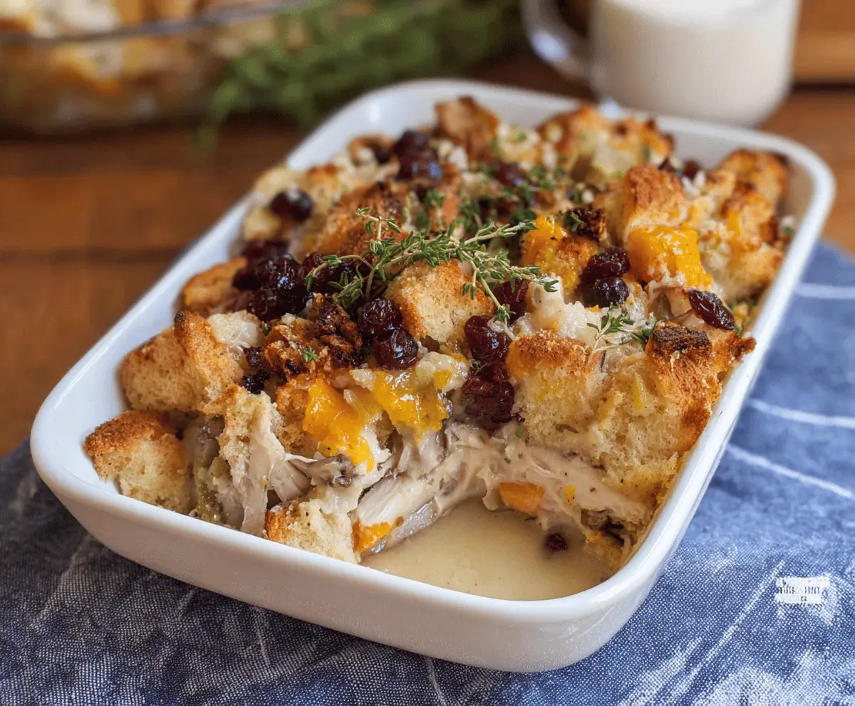 Delicious leftover Thanksgiving casserole with turkey, stuffing, and vegetables in a baking dish, ready to serve