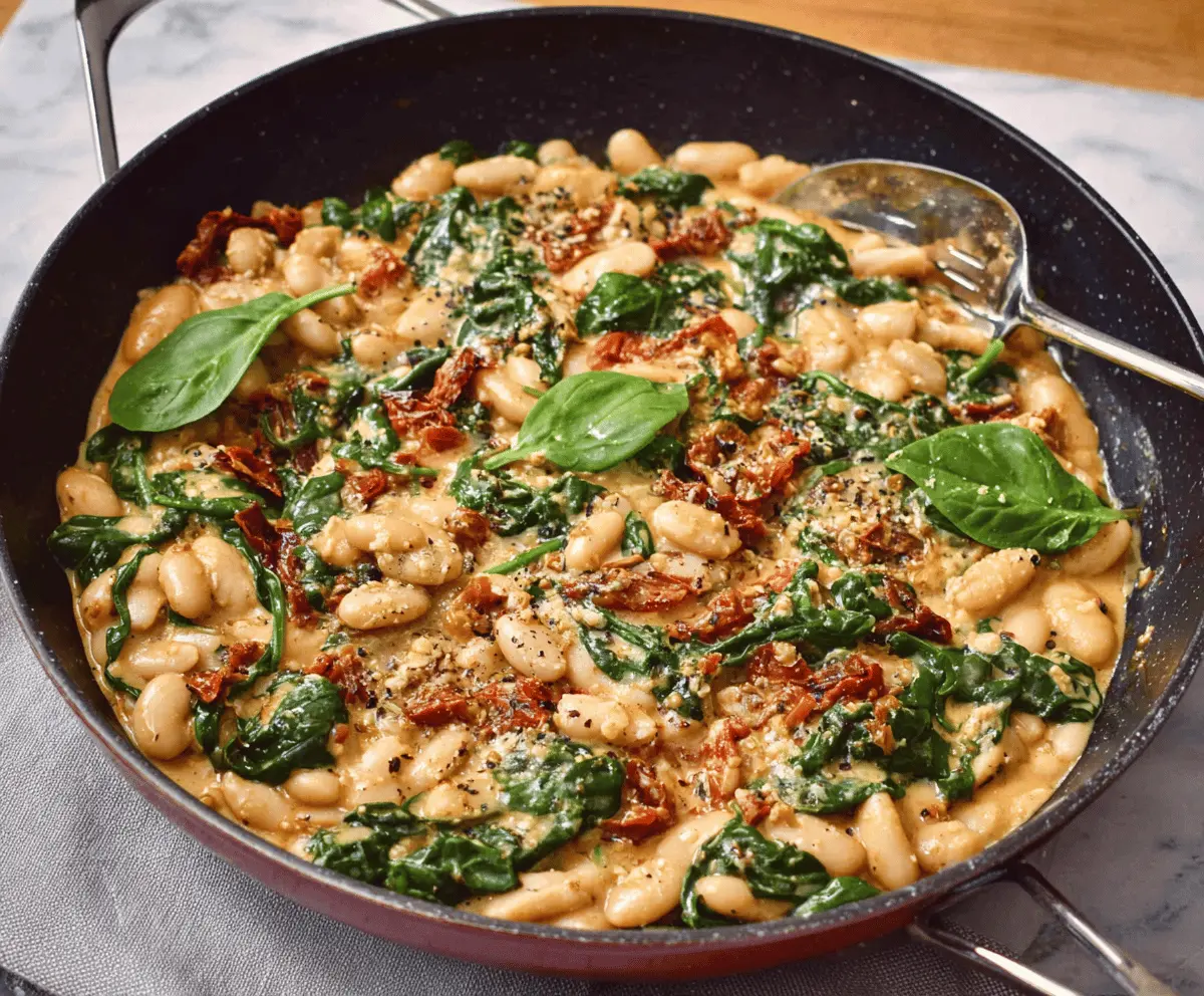 Delicious Marry Me White Bean and Spinach Skillet dish garnished with herbs in a skillet, perfect for a healthy vegetarian meal