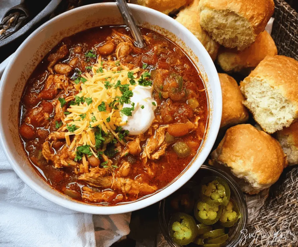 Spicy Nashville Hot Chicken Chili in a bowl topped with fresh herbs, served with cornbread on the side