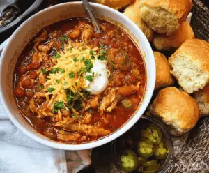 Spicy Nashville Hot Chicken Chili in a bowl topped with fresh herbs, served with cornbread on the side