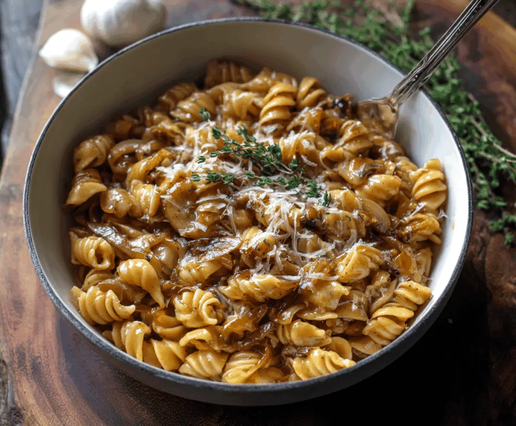 Creamy one-pot French onion pasta topped with melted cheese and caramelized onions, perfect for a comforting, easy-to-make dinner.