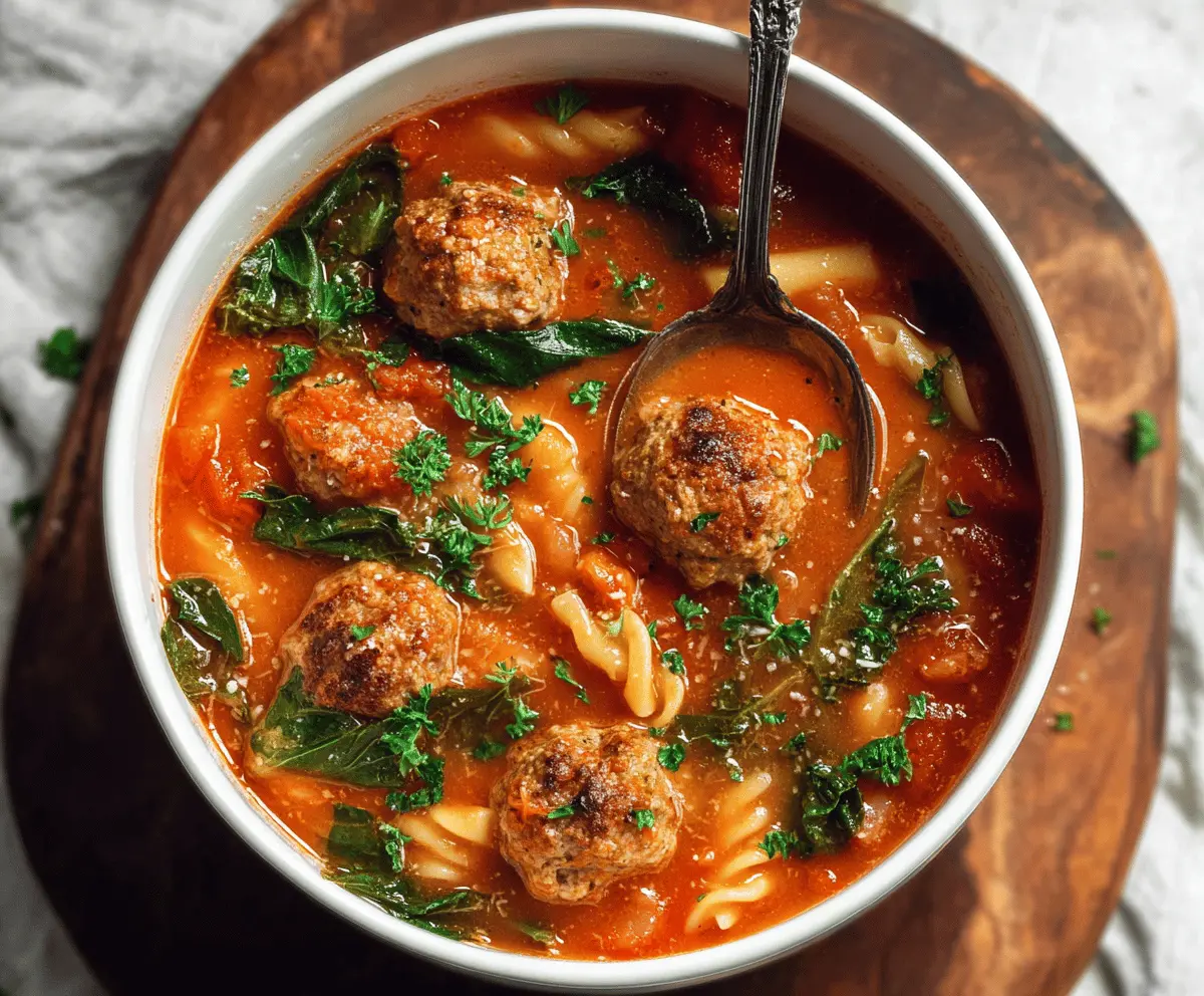 A bowl of hearty One-Pot Italian Meatball Soup featuring tender meatballs, vibrant vegetables, and flavorful herbs served in a comforting broth