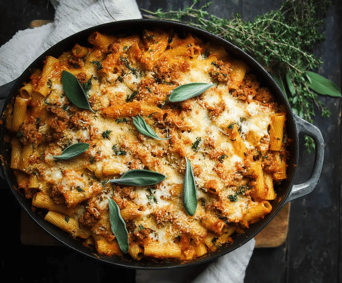 Delicious pumpkin and sausage pasta bake topped with melted cheese, ready to serve as a comforting autumn dinner.