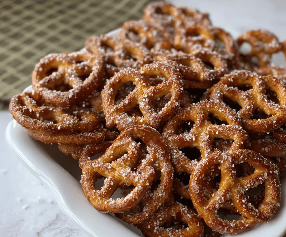 Sweet and crunchy pumpkin spice pretzels coated with cinnamon and sugar, perfect for fall treats and seasonal snacking.
