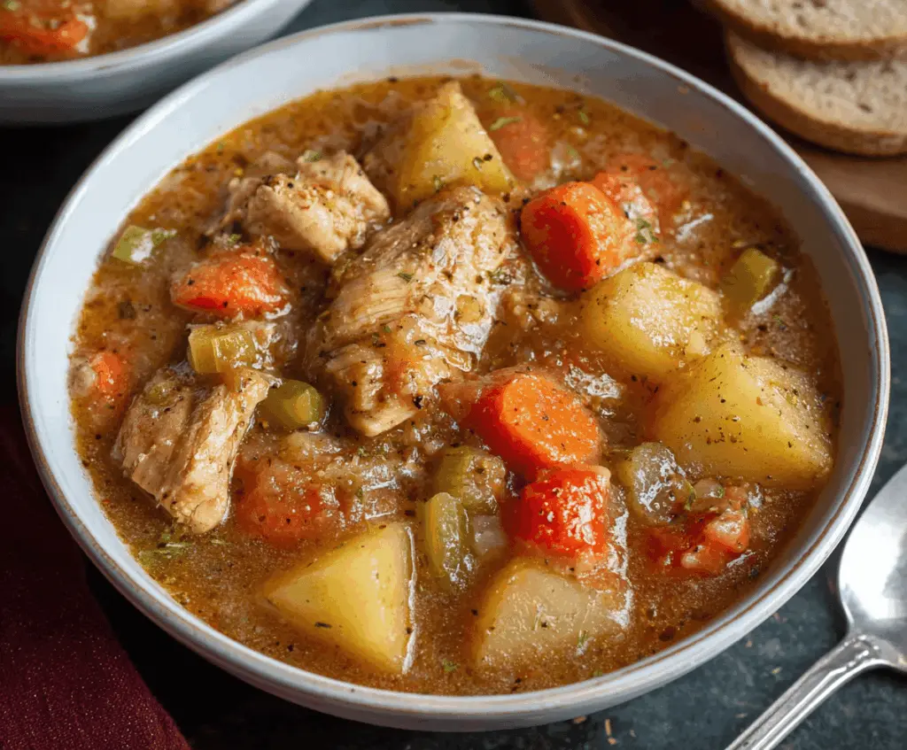Hearty slow cooker chicken stew with tender chicken, vegetables, and herbs in a flavorful broth