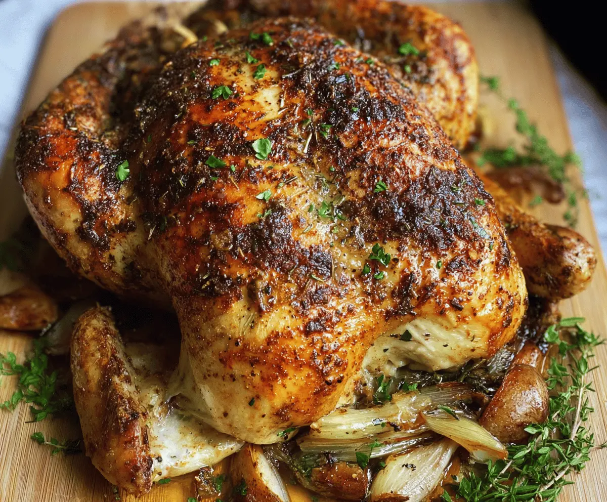 Juicy slow cooker whole chicken seasoned with fresh herbs and garlic, ready to serve.