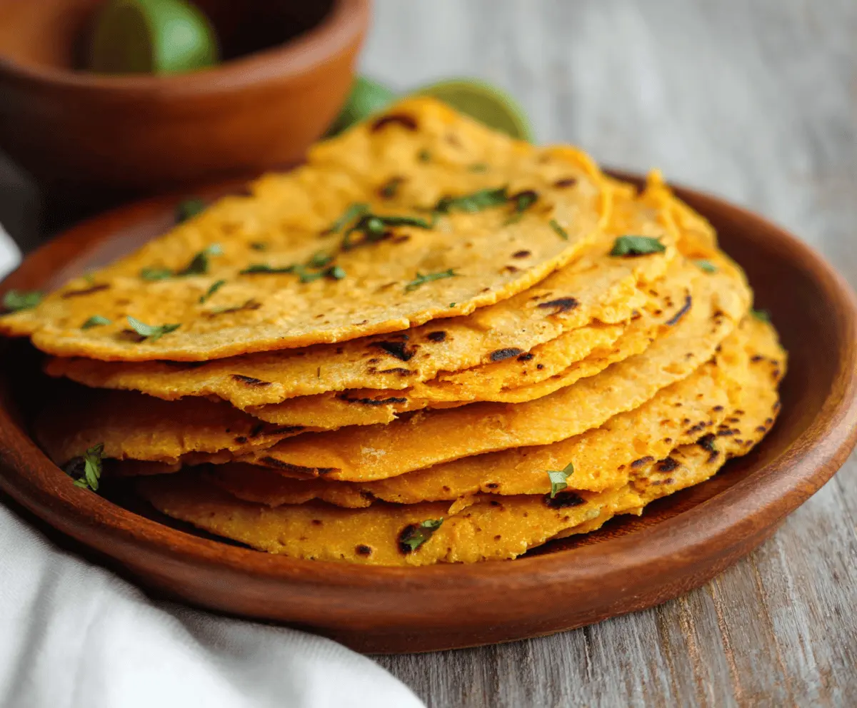 Fresh homemade sweet potato tortillas stacked on a wooden surface, showcasing their golden-orange color and soft texture, perfect for healthy wraps and tacos.
