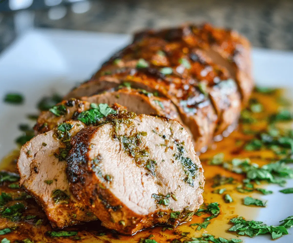 Juicy baked pork tenderloin with crispy herbs on a cutting board, perfect for a flavorful dinner.