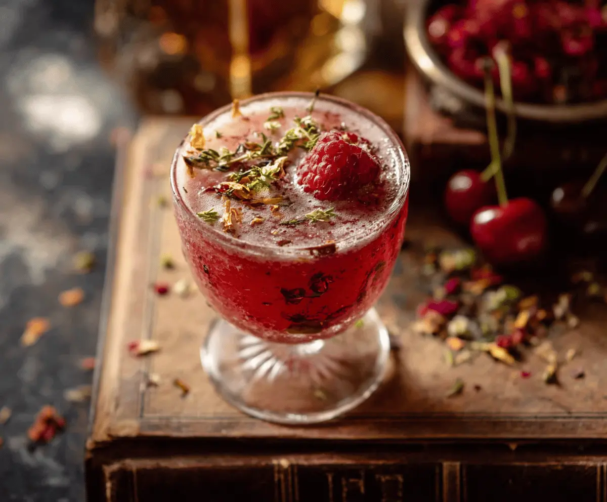A colorful cocktail glass filled with a vibrant purple drink garnished with a lemon wedge and a sprig of herbs, inspired by The Hermione Granger Cocktail for a magical, wizard-themed beverage.
