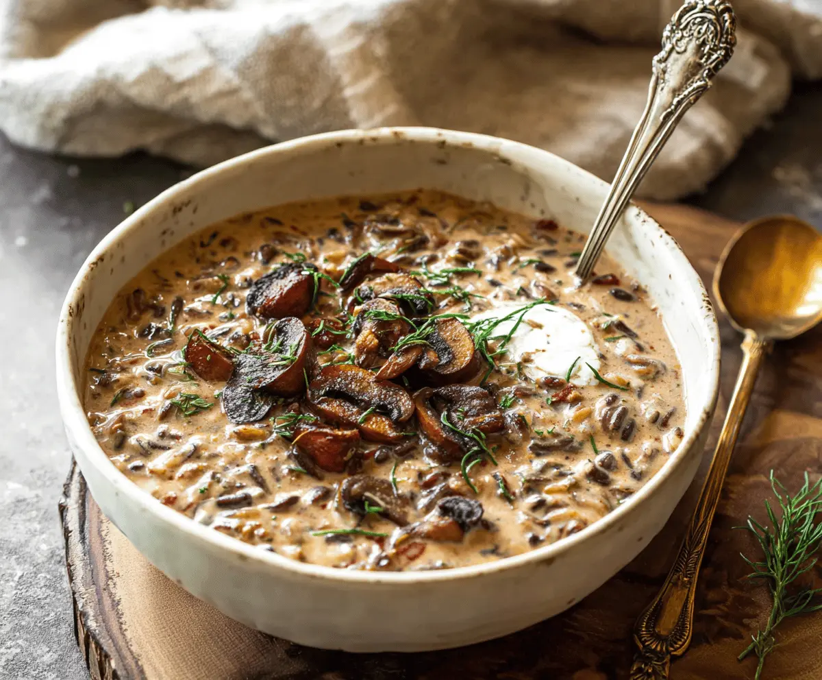 Creamy wild rice mushroom soup garnished with fresh herbs in a rustic bowl, featuring tender mushrooms and fluffy rice in a savory broth.
