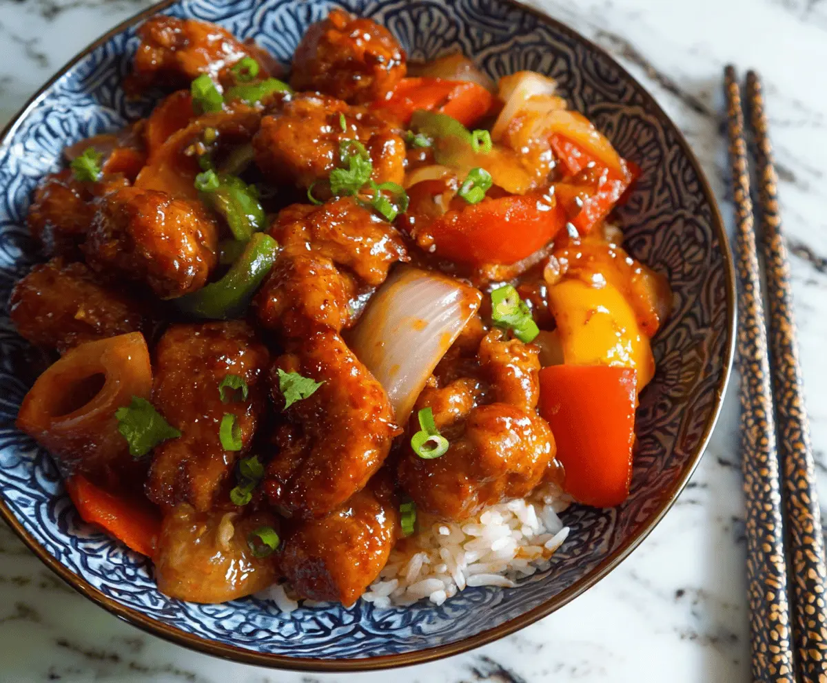 Delicious authentic Chinese sweet and sour pork served with colorful vegetables and rice.