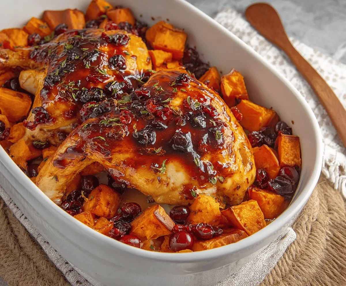 Delicious baked BBQ chicken served with sweet potato and cranberries on a plate.