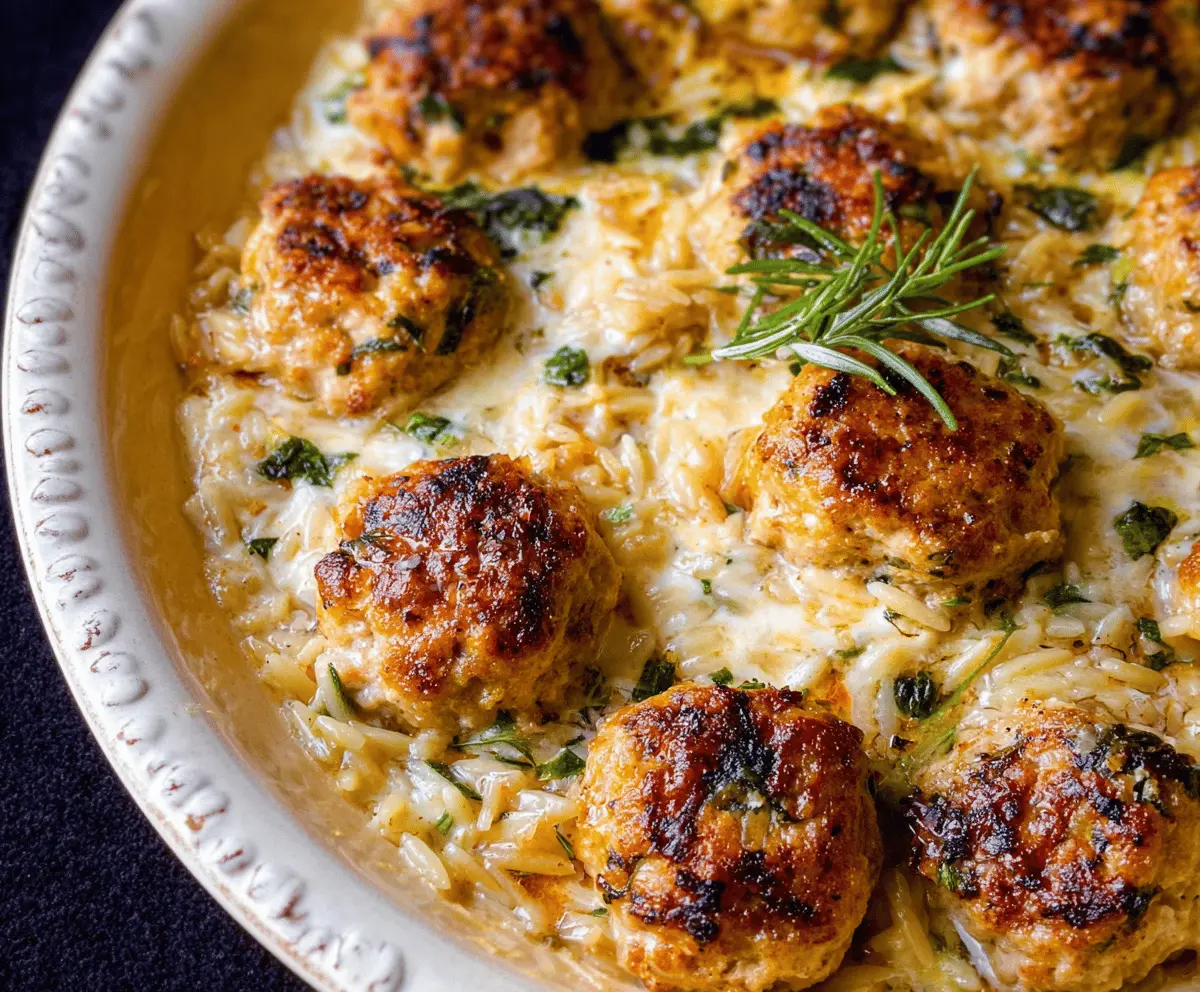 Baked Lemon Rosemary Chicken Meatballs and Creamy Orzo