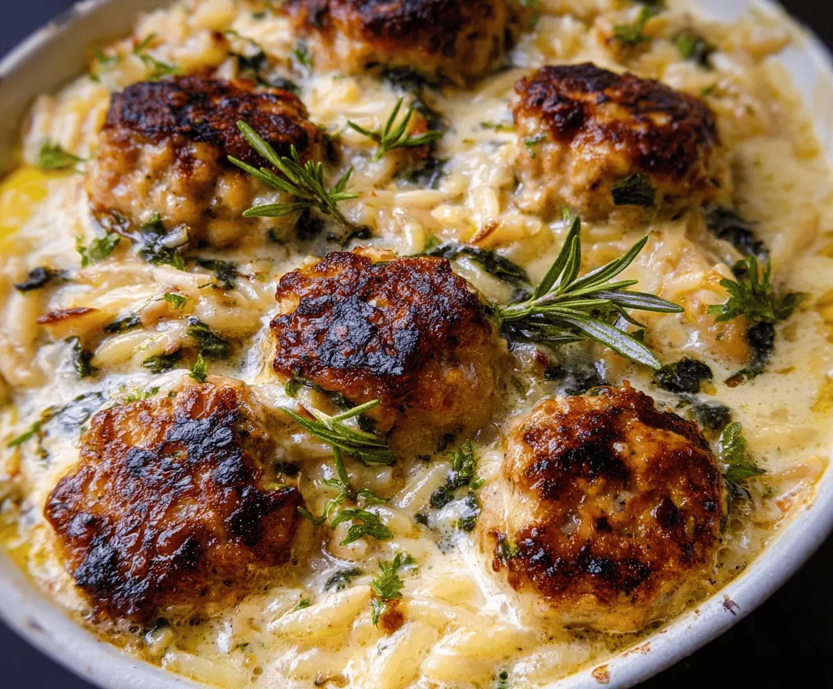 Baked Lemon Rosemary Chicken Meatballs served with creamy orzo pasta on a dinner plate.