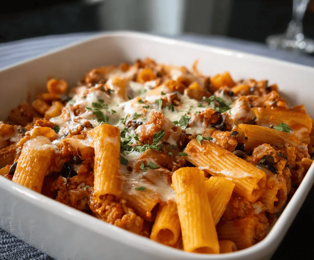 Delicious Baked Turkey Riggies served in a baking dish with melted cheese and herbs
