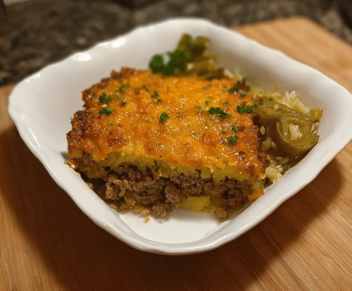 Delicious bierock casserole topped with melted cheese, ready to serve
