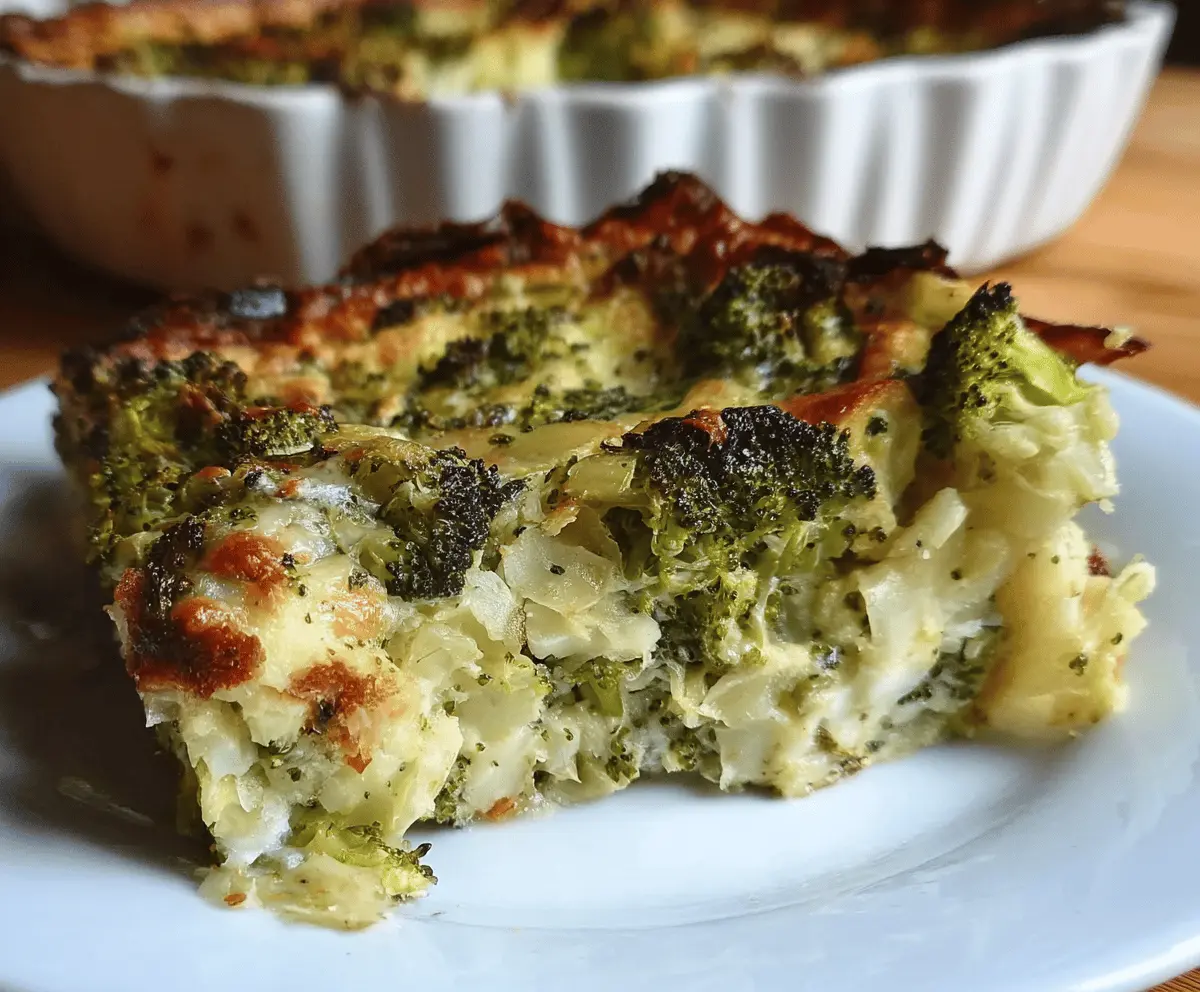 Delicious Broccoli and Onion Kugel served hot on a rustic plate, showcasing a crispy golden crust and vibrant green broccoli pieces.