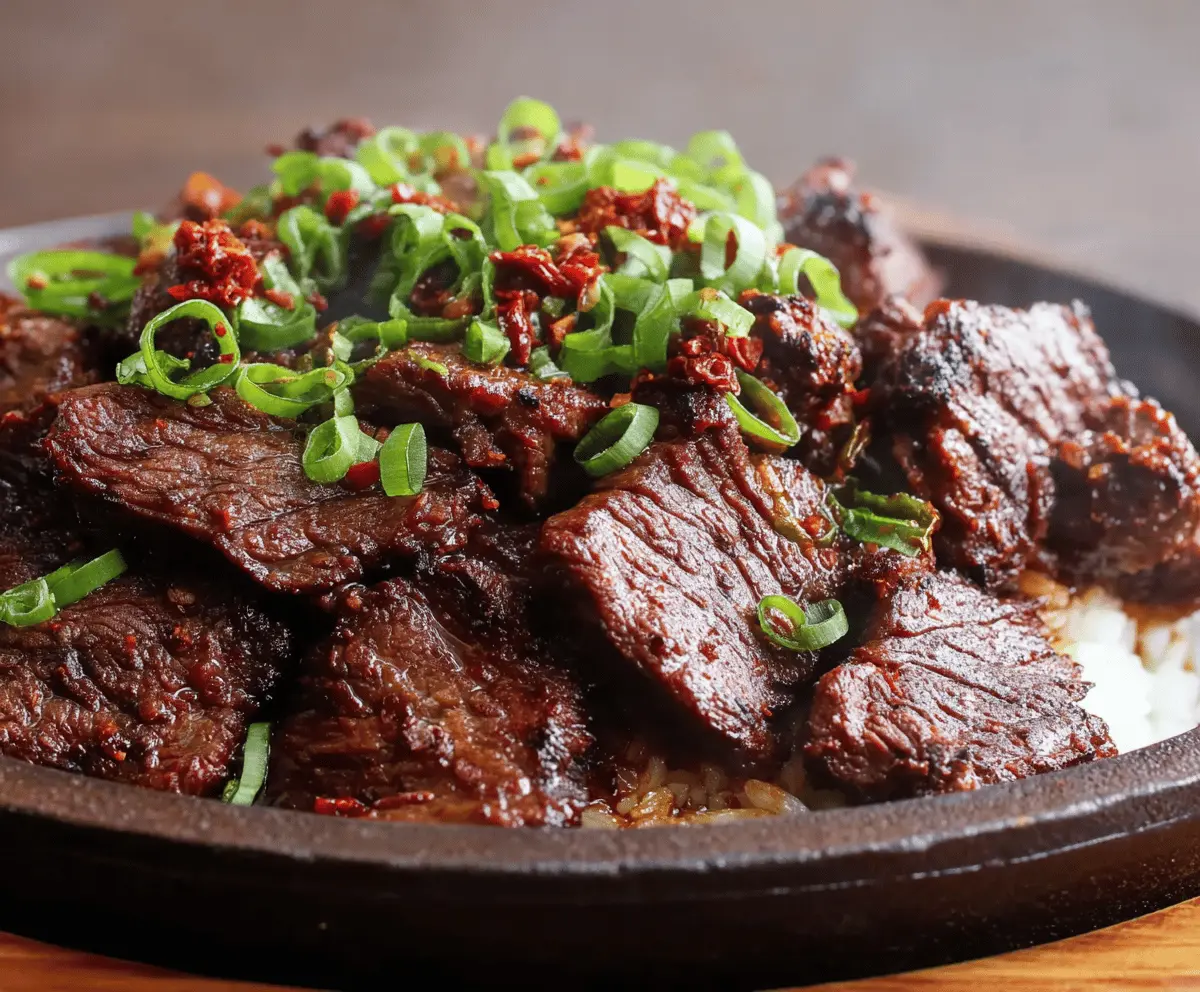 Delicious Bulgogi Beef, Korean-style barbecue with marinated slices of beef served with fresh vegetables.