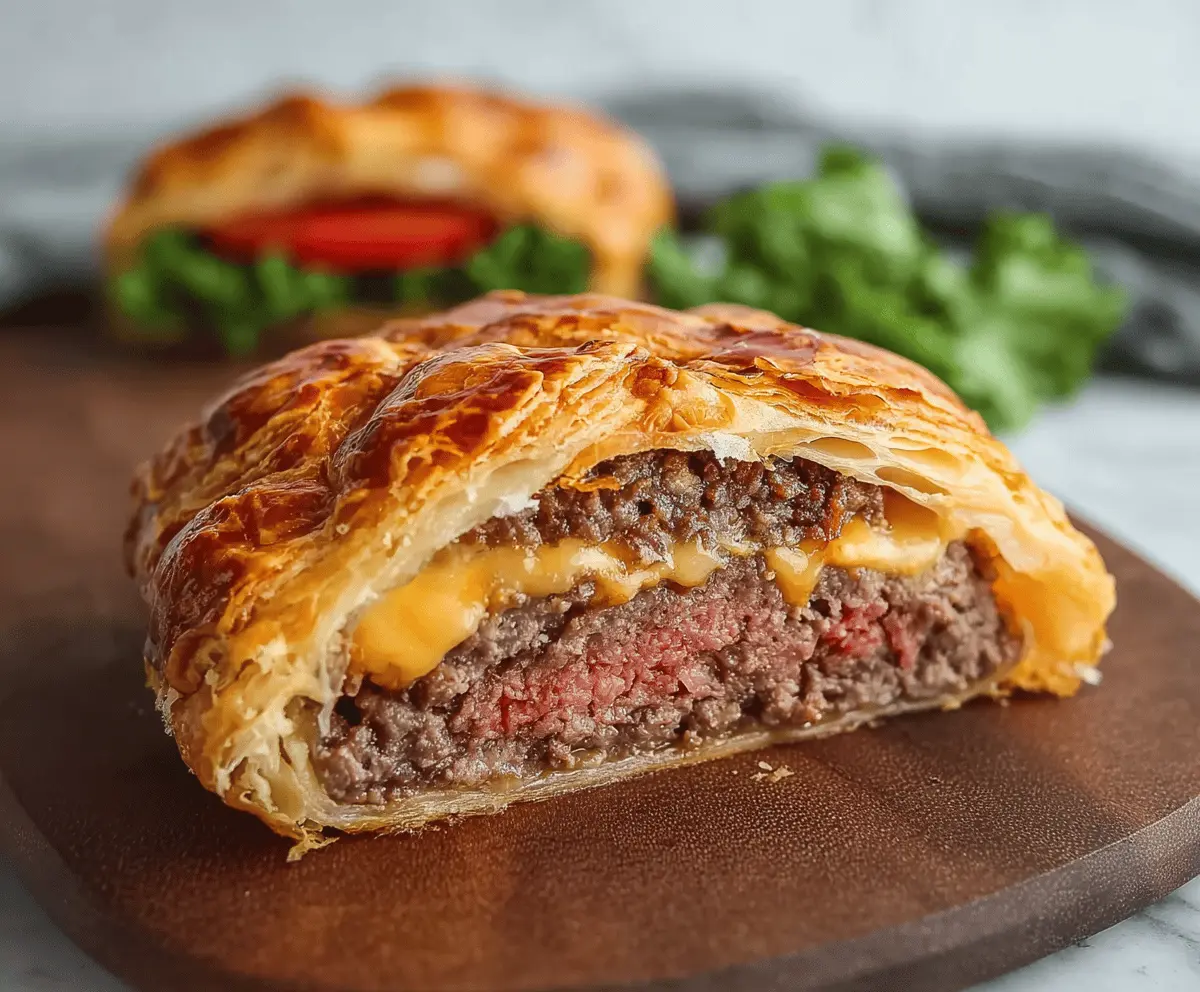 Juicy cheeseburger Wellington with melted cheese and golden pastry, ready to serve.