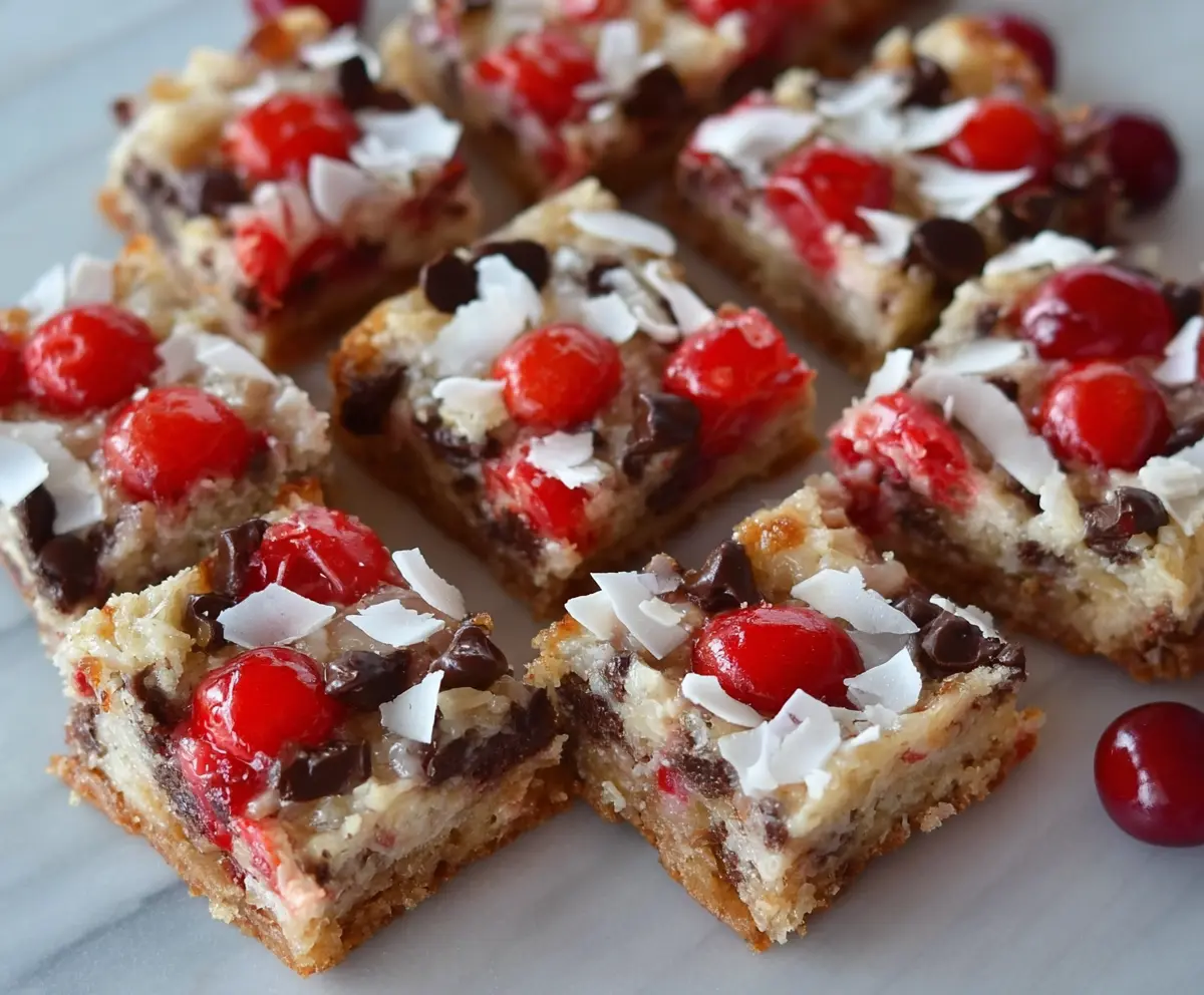 Delicious Cherry Magic Cookie Bars topped with fresh cherries and layer of chocolate and cookie crust