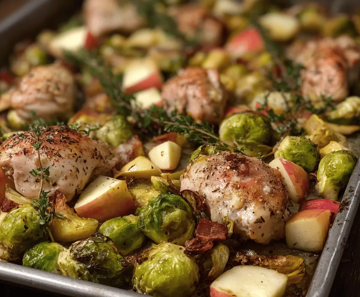 Delicious Chicken, Apple, and Brussels Sprouts Sheet Pan Dinner presented on a dinner plate.
