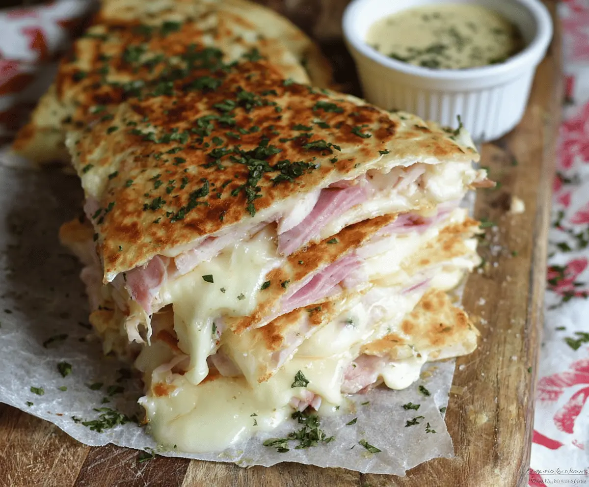 Delicious Chicken Cordon Bleu Quesadilla filled with ham, cheese, and crispy breaded chicken slices.