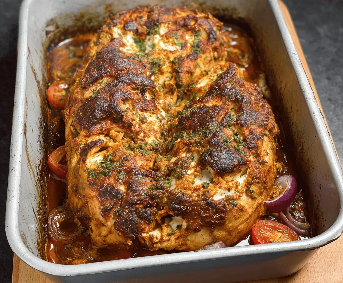Delicious homemade chicken shawarma cooked in a loaf pan, perfect for easy serving.