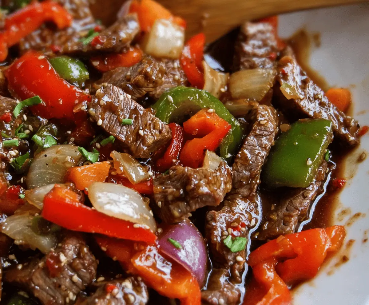 Delicious Chinese Pepper Steak served with colorful vegetables on a plate.