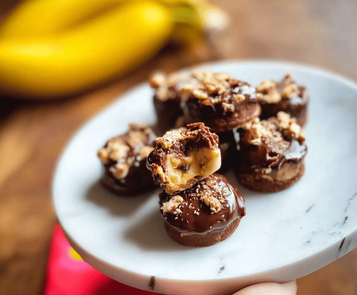 Delicious Chocolate Peanut Butter Banana Bites arranged on a plate, perfect for a healthy snack or dessert.