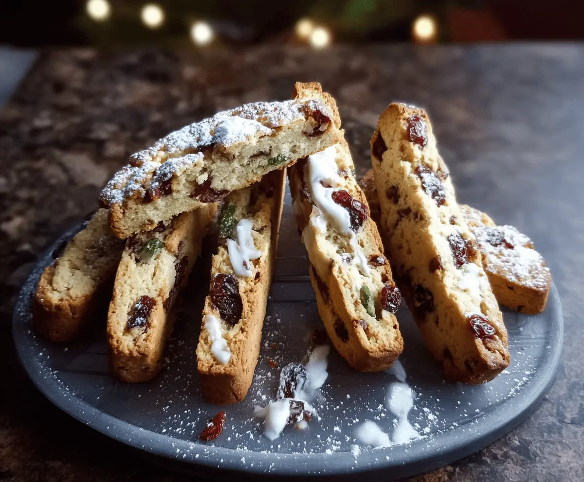 Festive Christmas biscotti on a rustic plate, decorated with colorful sprinkles and Santa-shaped cookies.