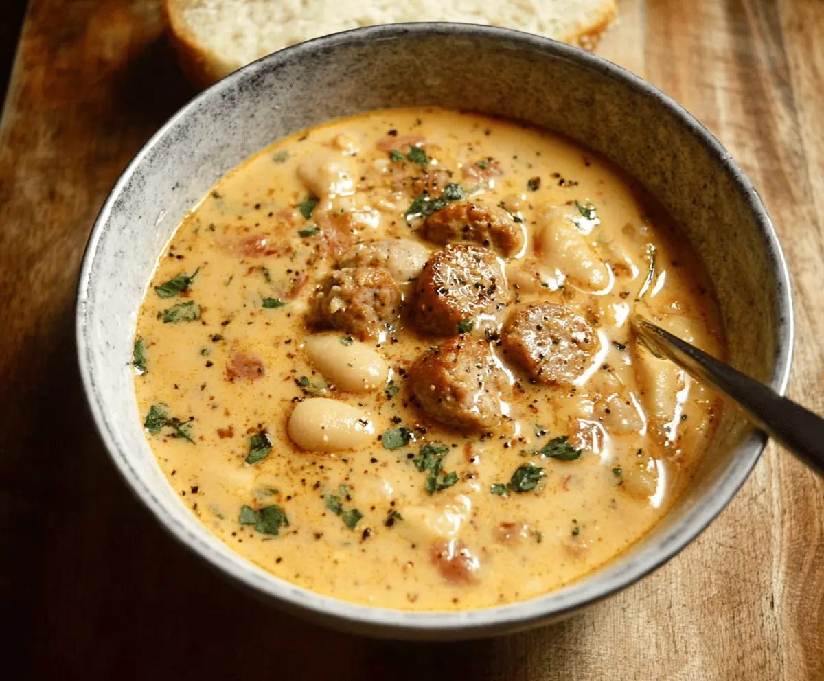 Bowl of creamy bean soup with sliced sausage and fresh herbs, perfect for a hearty meal.