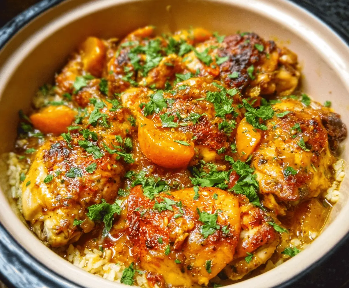 Delicious Crock Pot Apricot Chicken served with fresh herbs and vibrant side dishes.