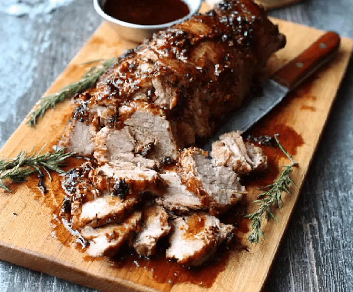 Juicy garlic balsamic pork loin cooking in a slow cooker, perfect for a delicious meal.