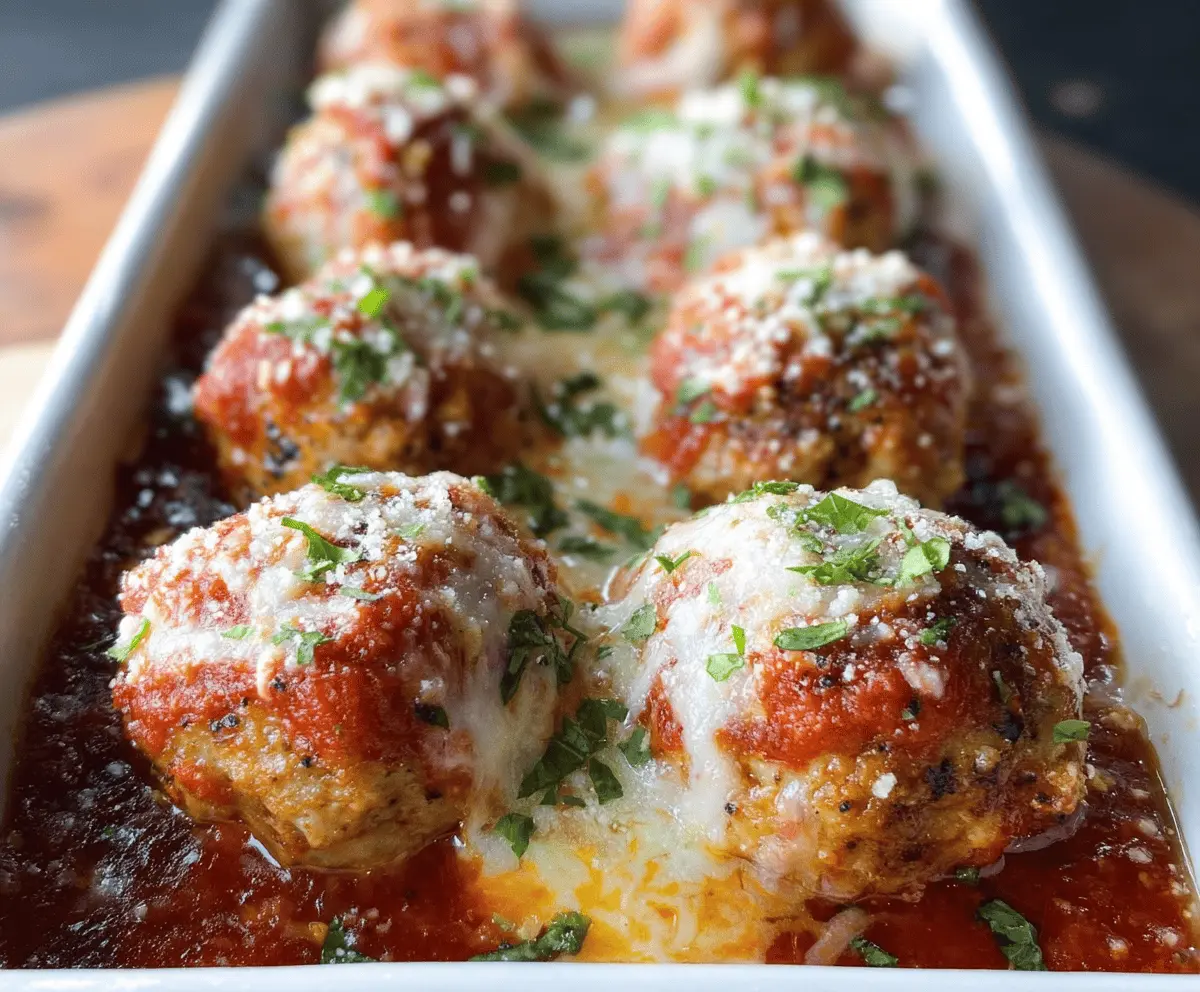 Delicious easy baked chicken Parmesan meatballs on a plate, perfect for a quick dinner