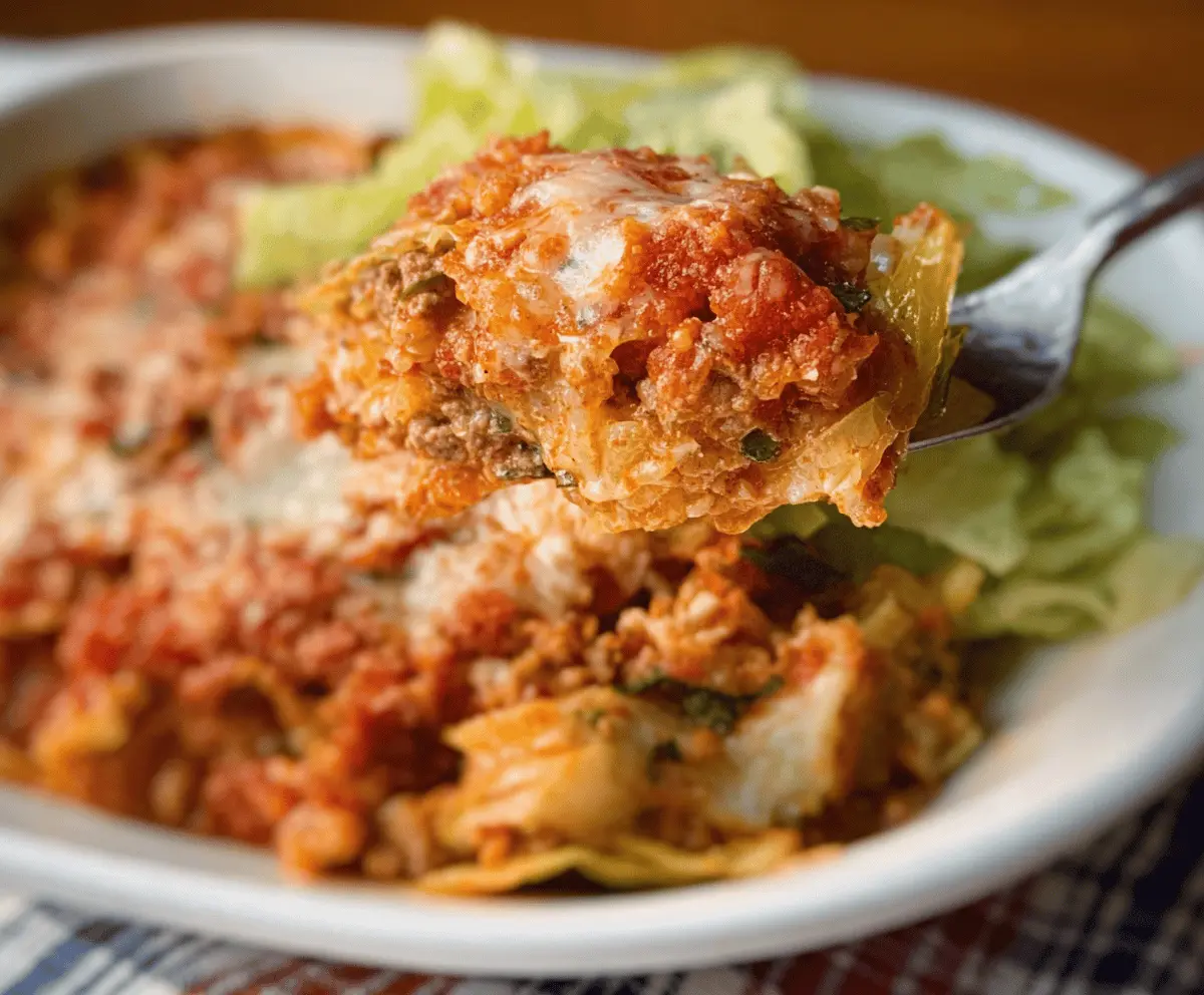 Delicious easy cabbage roll casserole in a baking dish with savory ingredients.