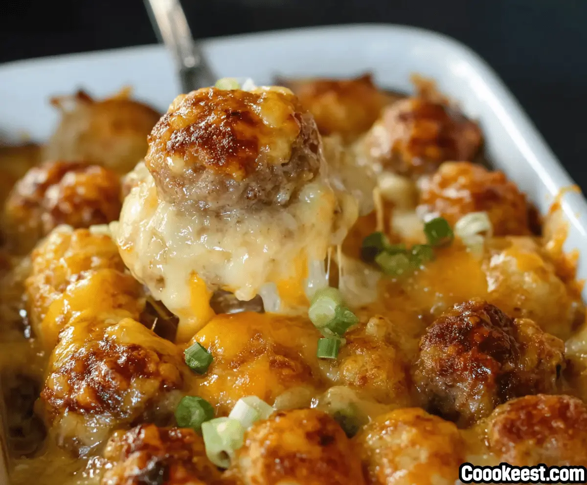 Delicious easy cheesy meatball tater tot casserole served in a baking dish with melted cheese and golden tots.