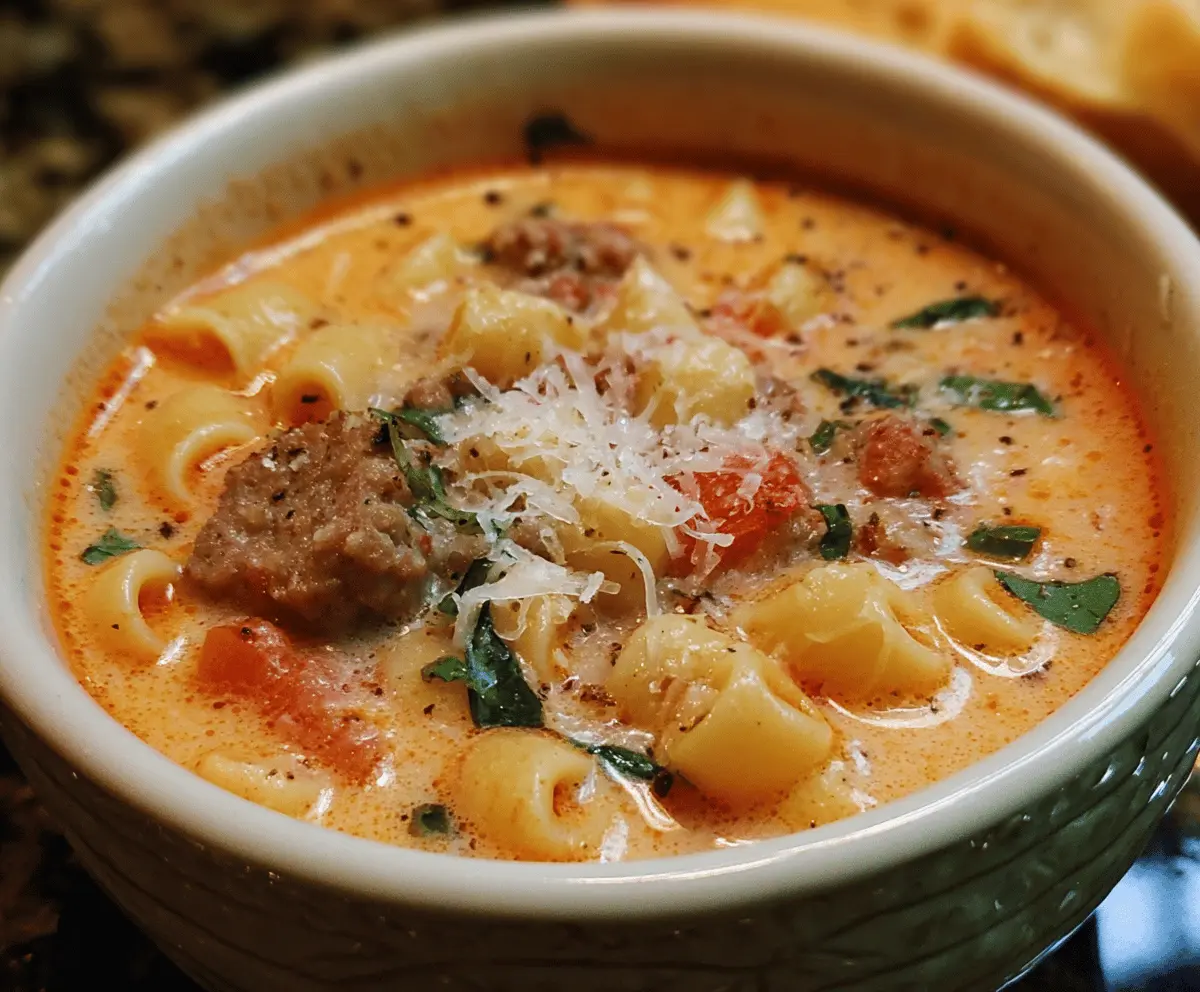 Creamy Italian sausage and Ditalini pasta soup with Parmesan cheese in a bowl.