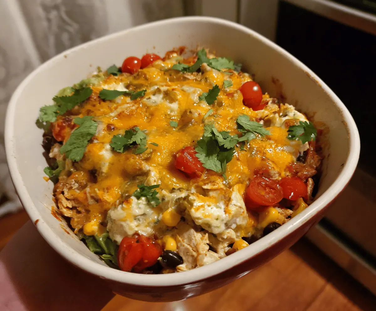 Delicious enchilada casserole layered with seasoned meat, cheese, and tortillas, ready to bake.