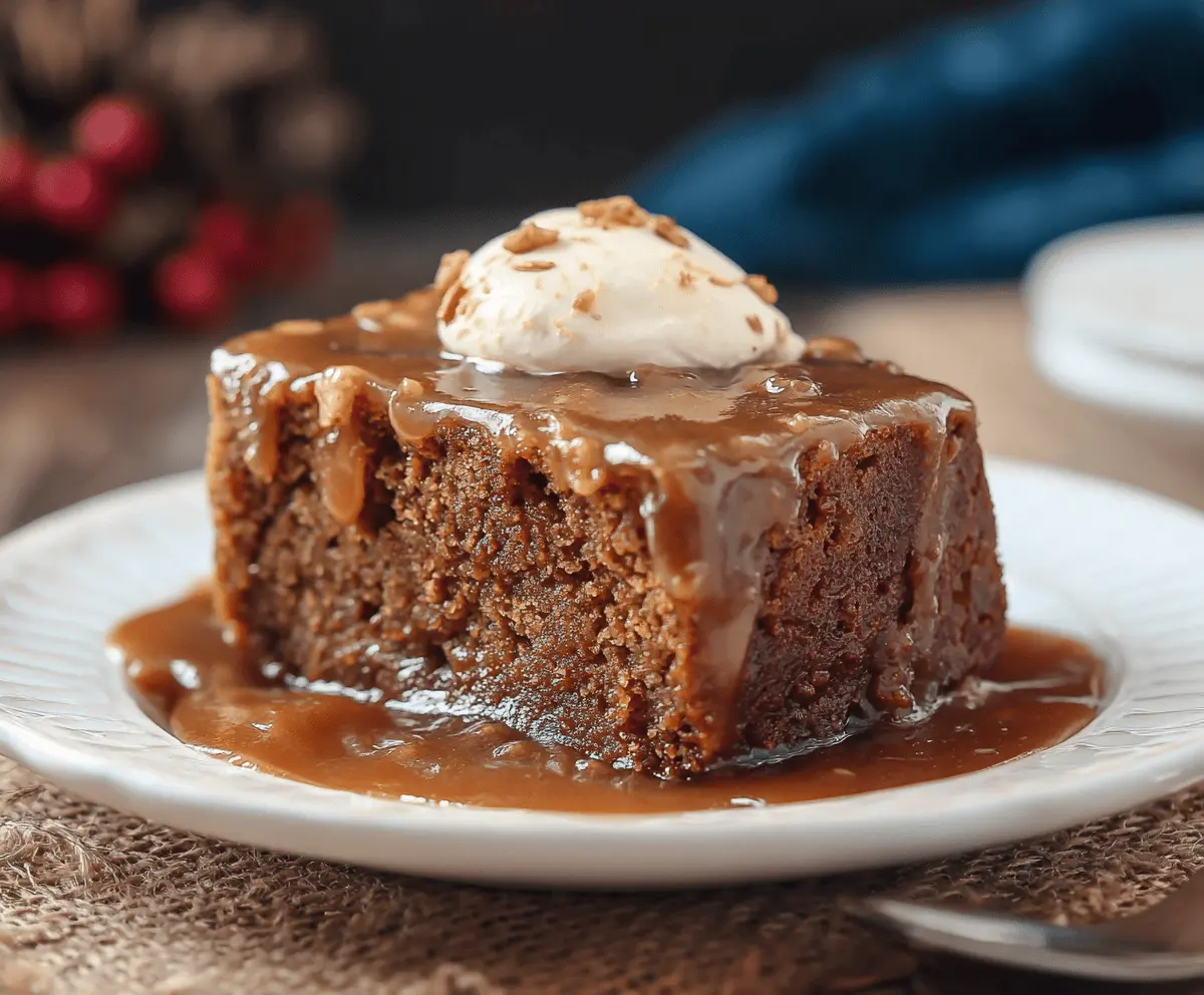 Delicious gingerbread pudding cake topped with whipped cream and cinnamon.